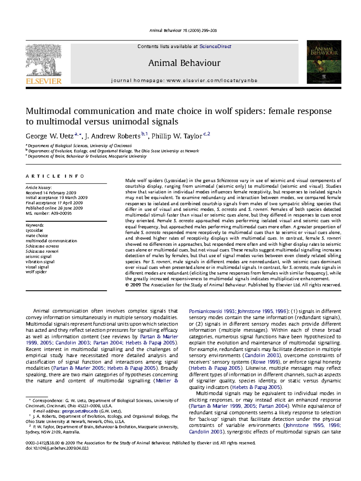 Multimodal Communication in Wolf Spiders: Insights from Uetz's Study ...