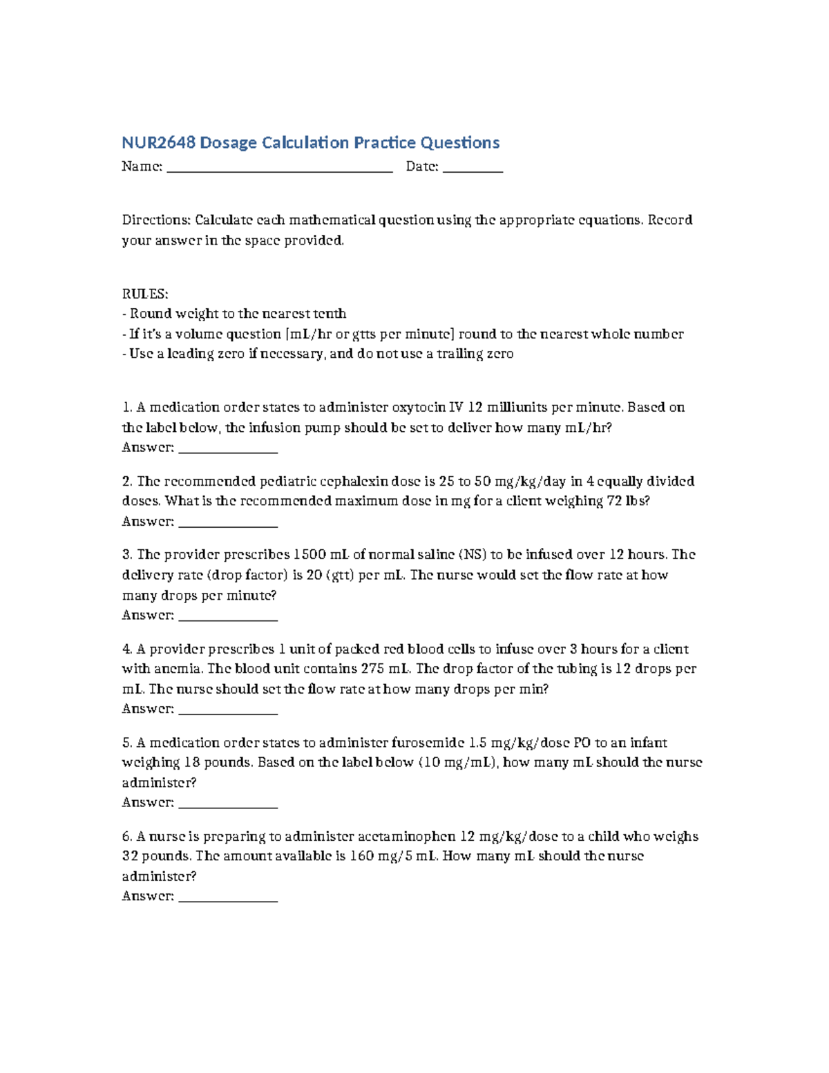 NUR2648 Dosage Calculation Practice Questions and Answers - Studocu