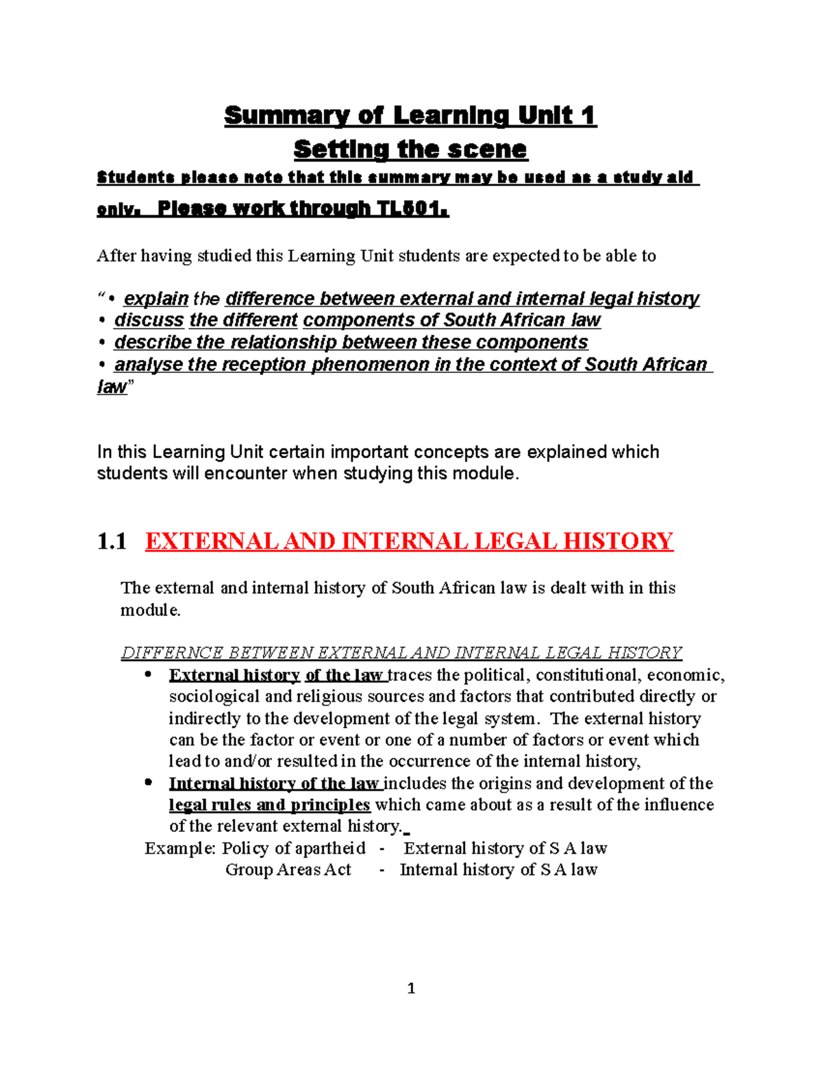 Summary of Learning Unit 1: South African Legal History and Components ...