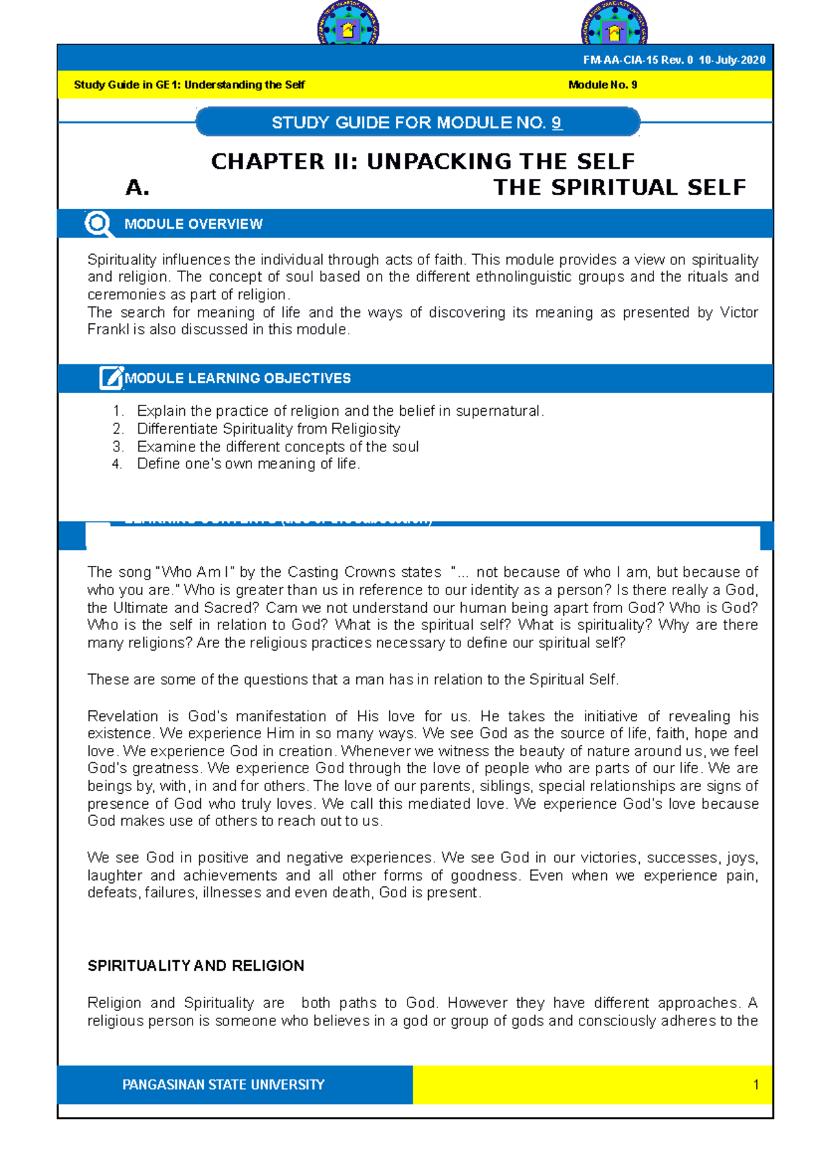 GE1 Module 9 Spiritual Self - CHAPTER II: UNPACKING THE SELF A. THE ...