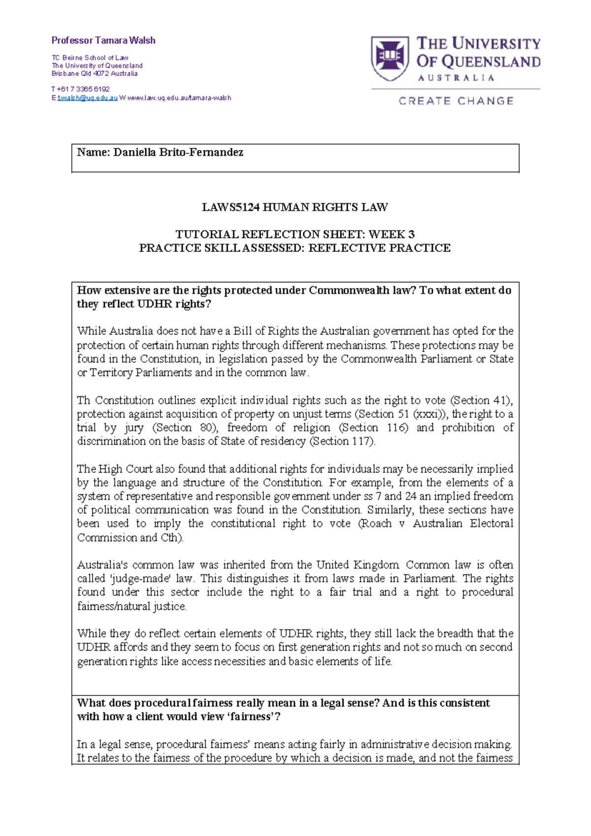 LAWS5124 Human Rights Law Tutorial Reflection Sheet: Week 3 Analysis ...