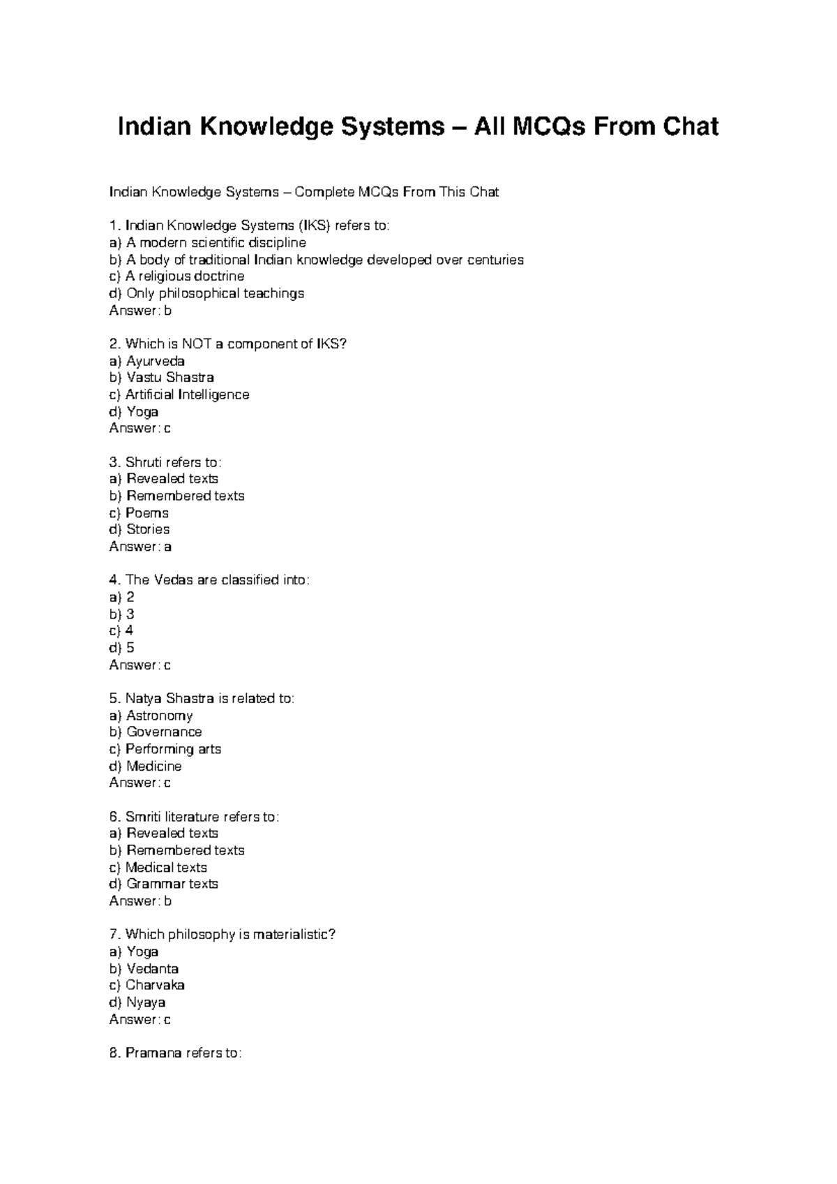 IKS 101: Complete MCQs on Indian Knowledge Systems - Studocu