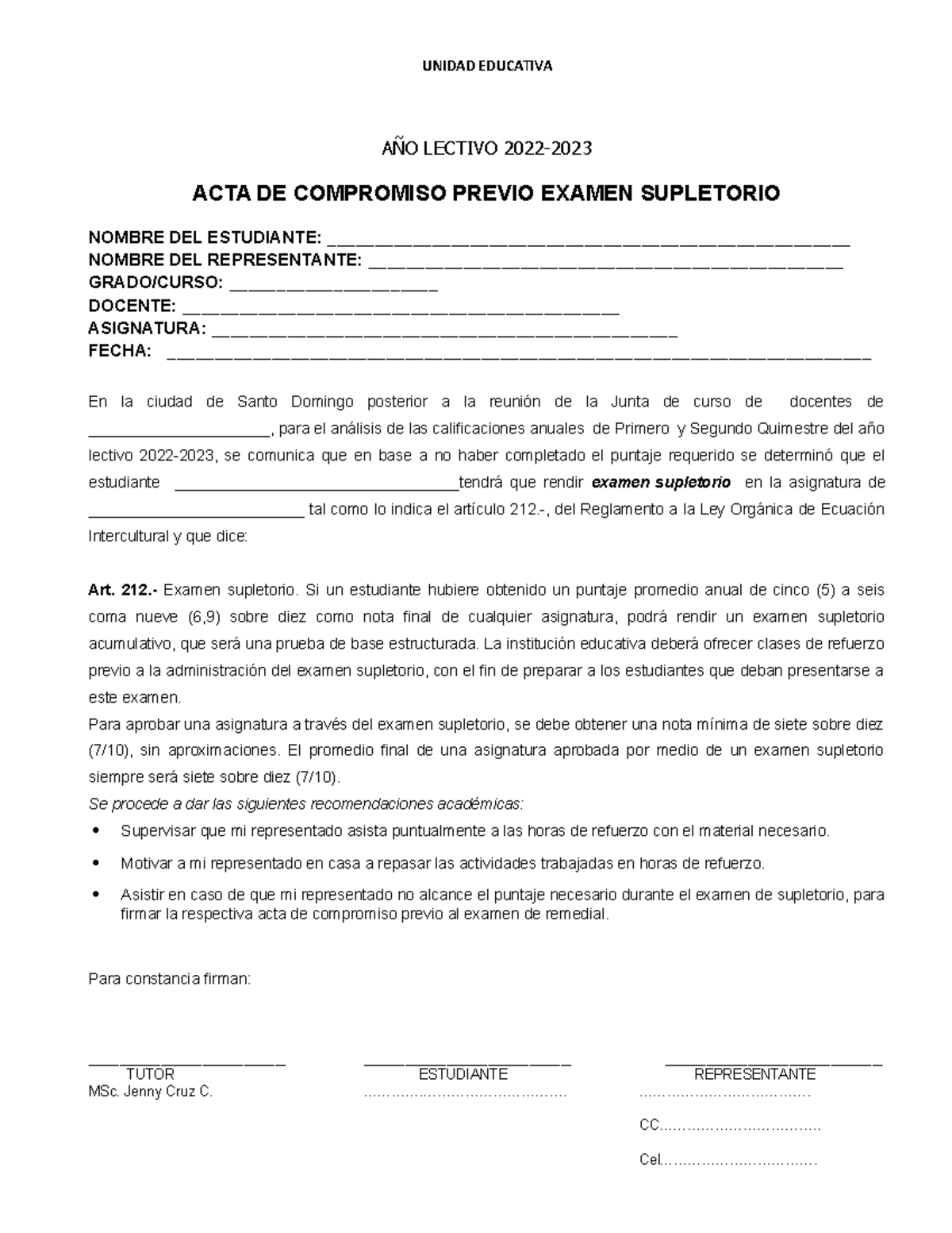 ACTA DE COMPROMISO PREVIO A EXAMEN SUPLETORIO 2022-2023 - Studocu