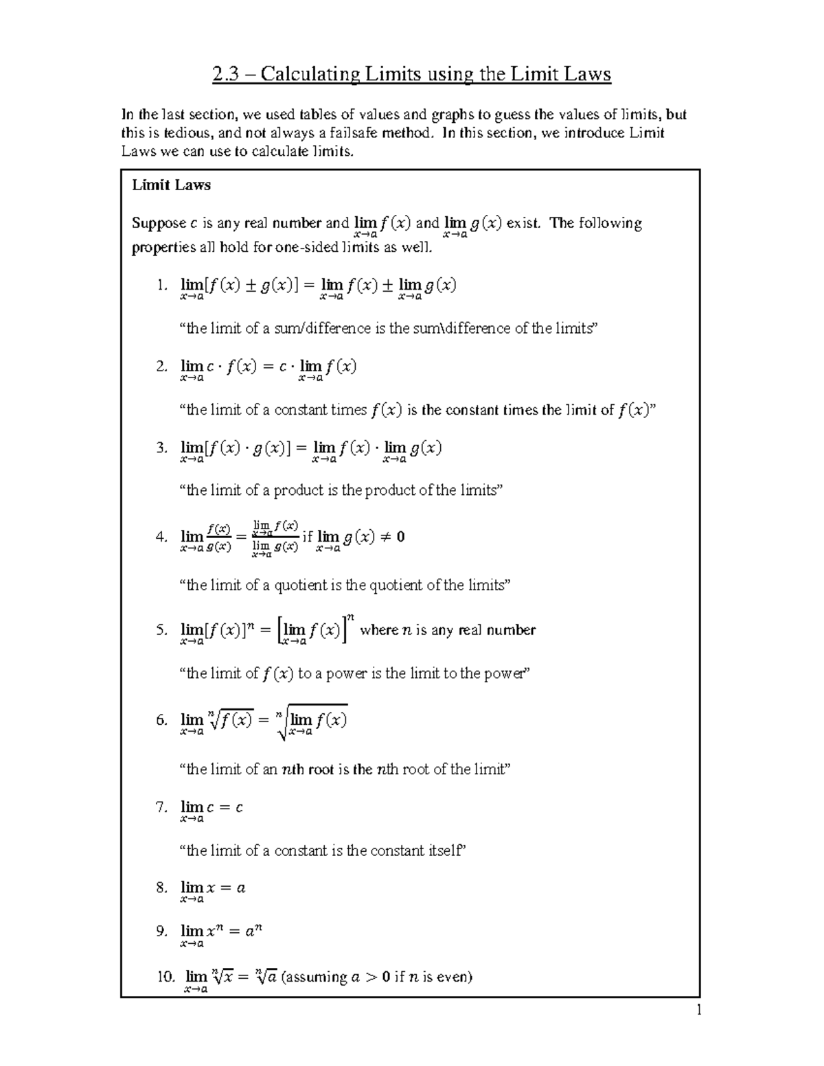 Math 107 - Limits Calculation Techniques and Examples - 2. 3 ...