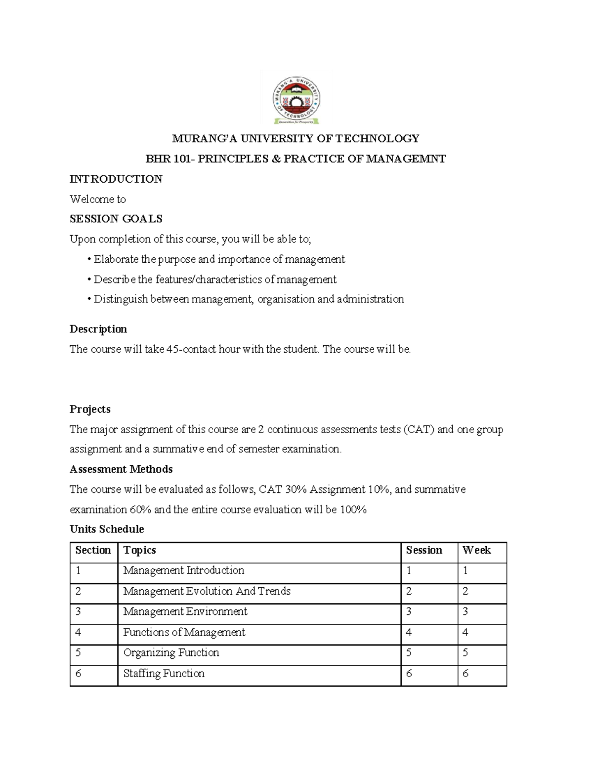 BHR 100: Principles of Management - Course Overview and Key Concepts ...