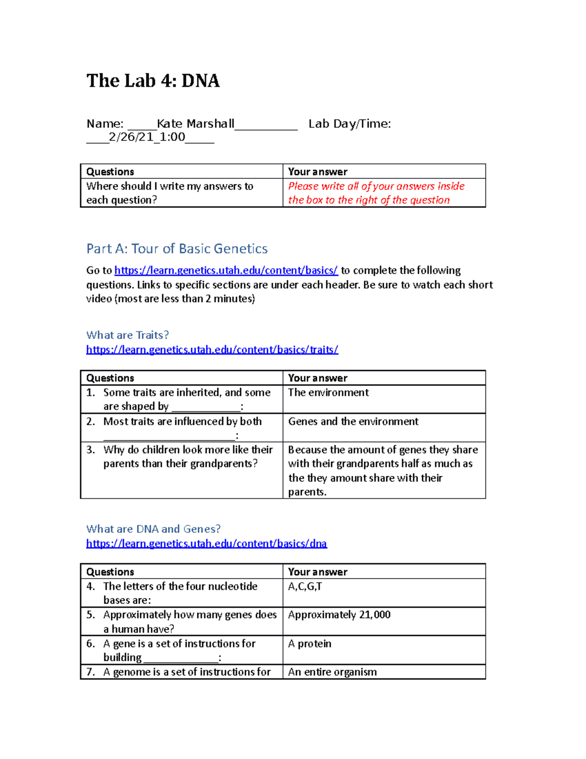 DNA Worksheet 2021 - Answer Key for Video Questions on Genetics - Studocu