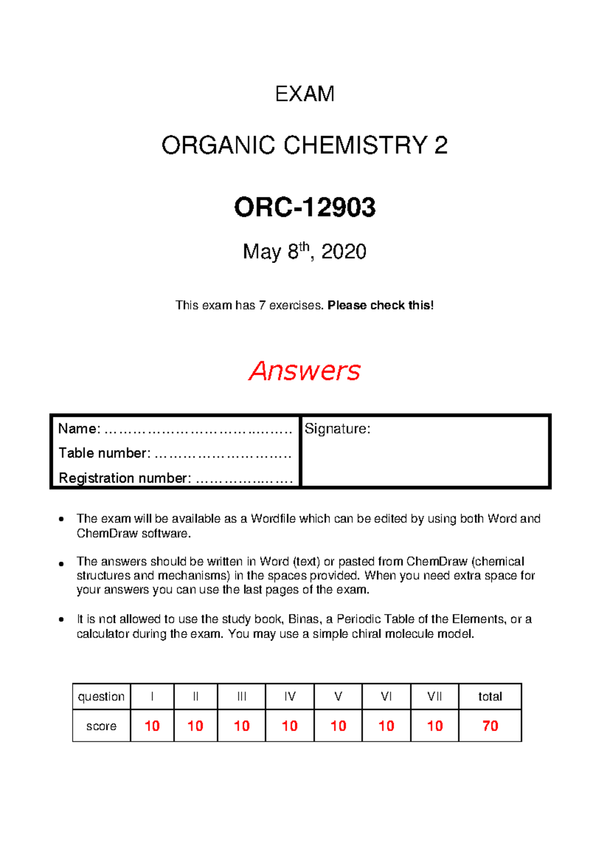 Organic Chemistry 2 Exam Answers - ORC-12903 May 2020 - Studeersnel