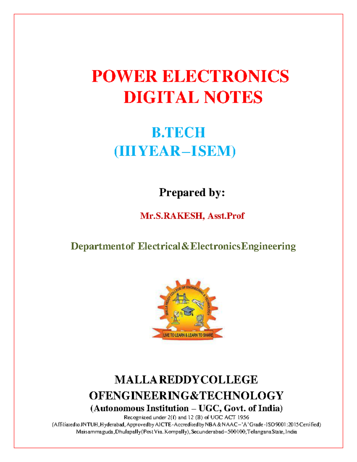 B.Tech I Sem (R17A0210) Power Electronics Lecture Notes - Studocu