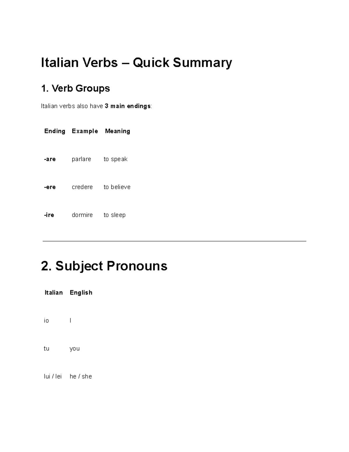 Italian Verbs (ITA101) – Quick Summary Guide - Studocu