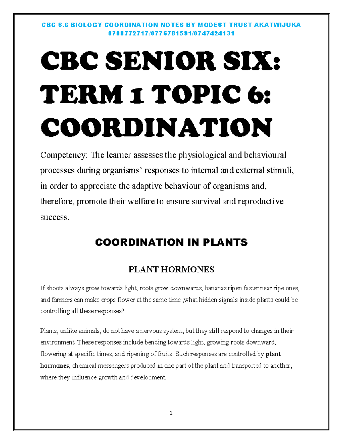 CBC S.6 BIOLOGY TERM 1 COORDINATION NOTES BY TR. TRUST MODEST - Studocu