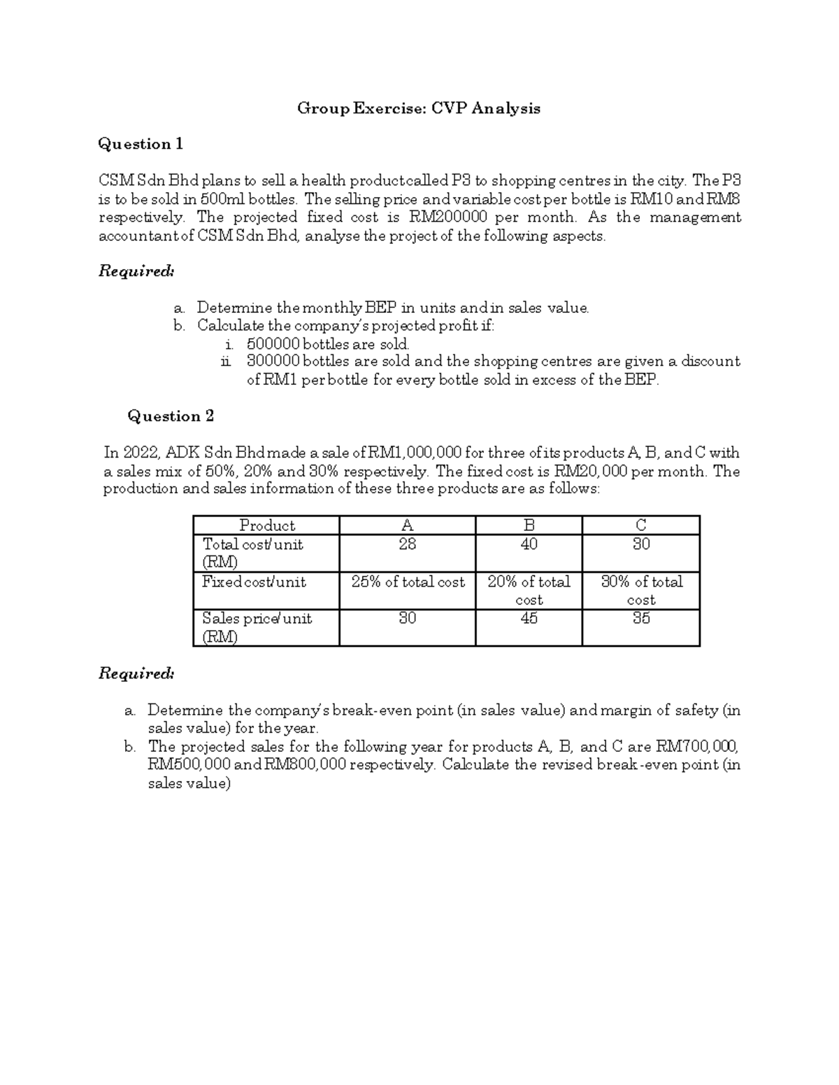Exercise CVP Analysis - Group Exercise: CVP Analysis Question 1 CSM Sdn ...