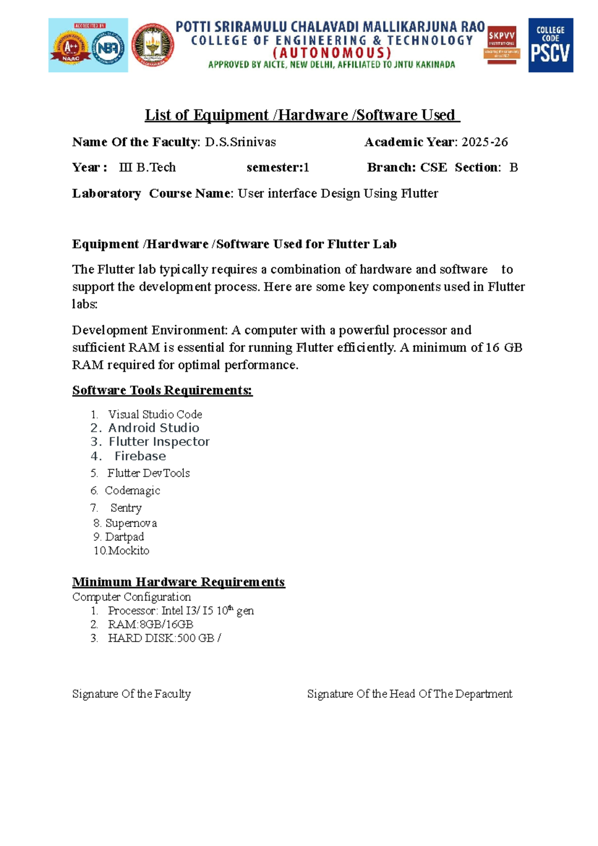 List of Equipment for User Interface Design Lab (CSE B.Tech 1st Sem ...