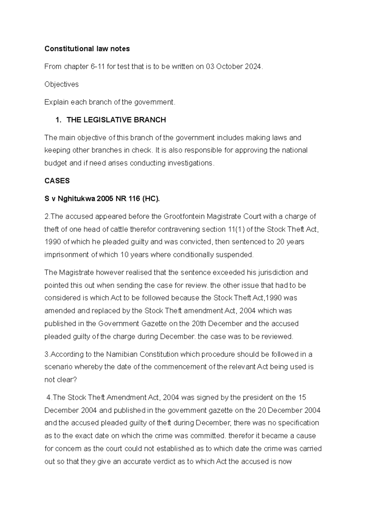 Constitutional law notes - Objectives Explain each branch of the ...