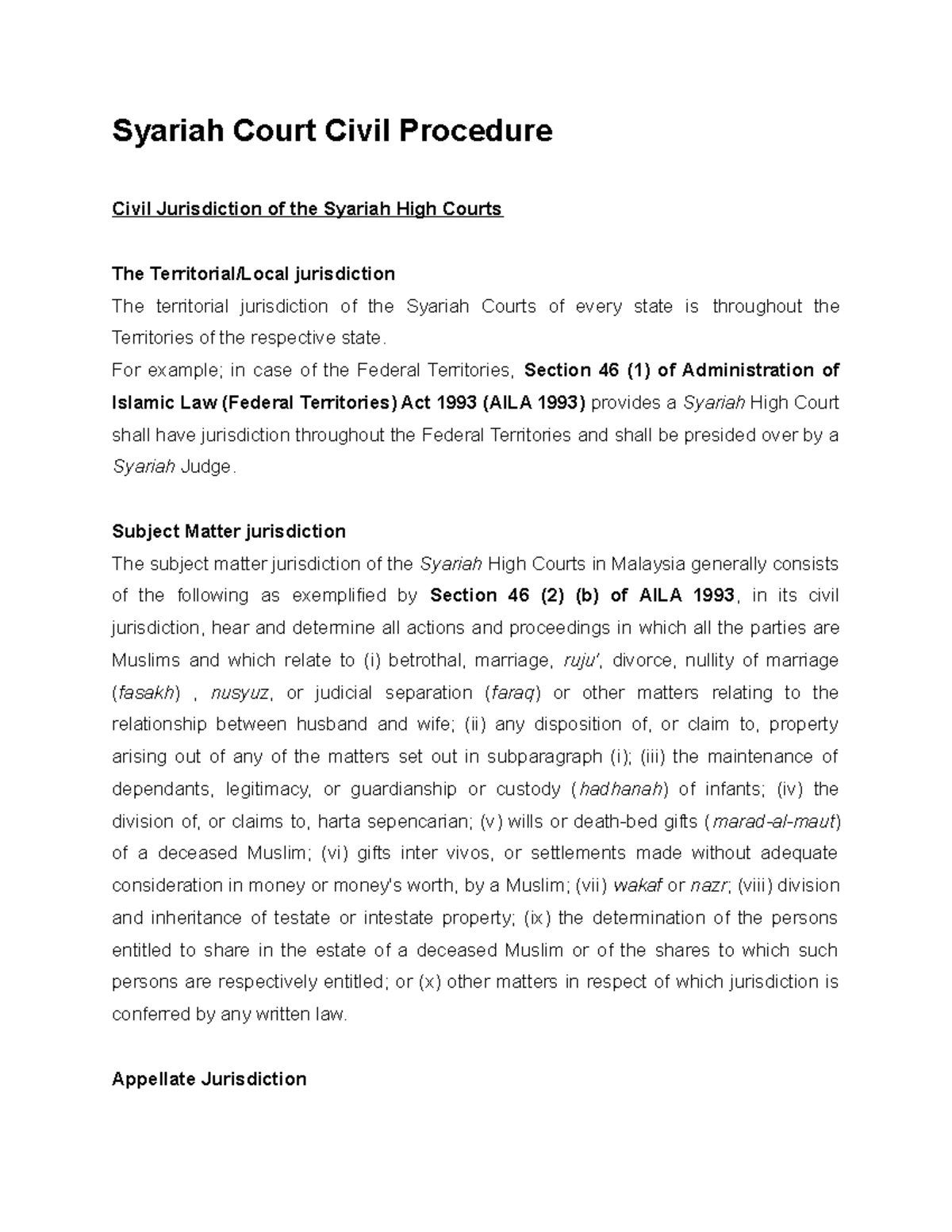 2. Syariah Court Civil Procedure Overview: Jurisdiction & Appeals - Studocu