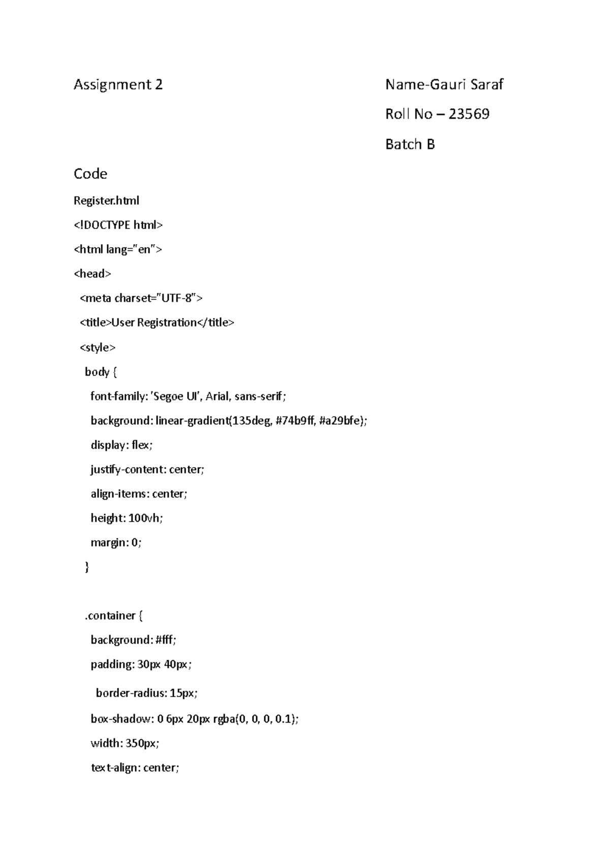 Assignment 2: User Registration Form Implementation (Batch B) - Studocu
