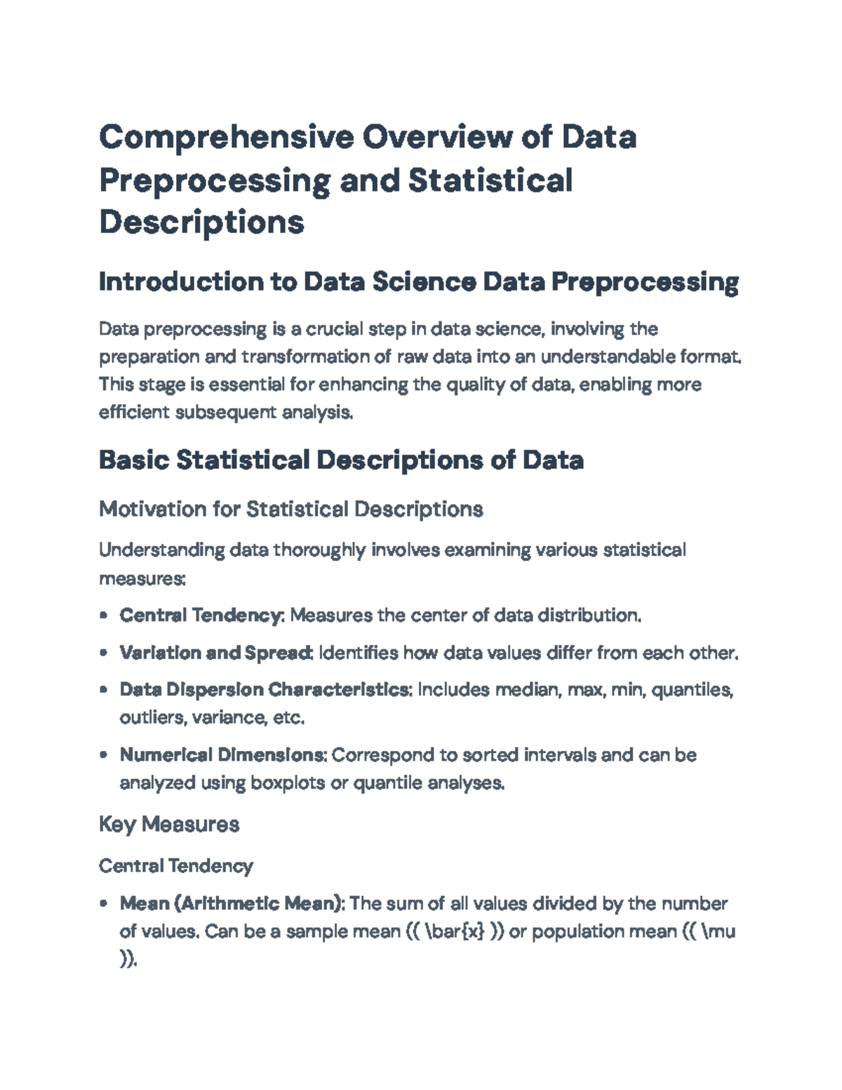Data Science Course: Overview of Data Preprocessing & Stat Descriptions ...