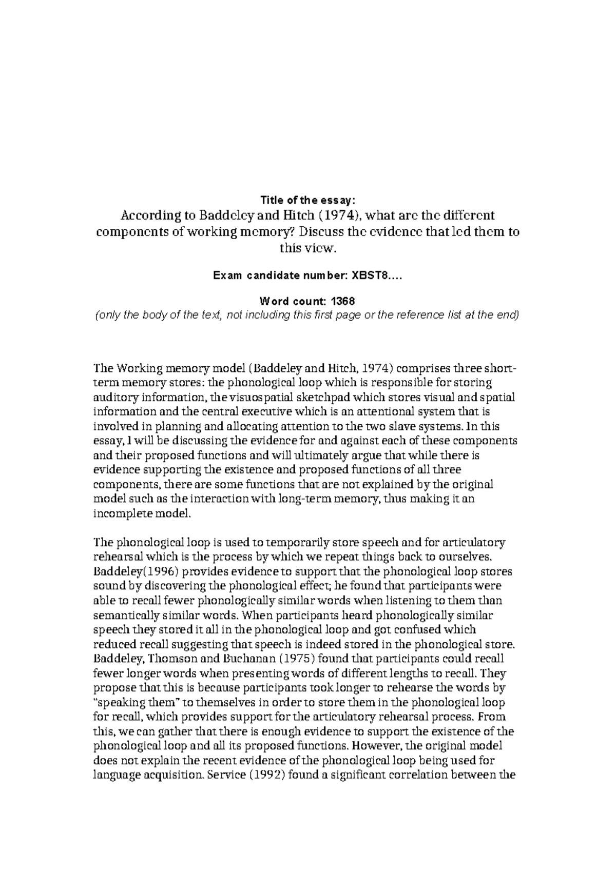 UGExample Memory 77 - Essay on Baddeley & Hitch's Working Memory Model ...
