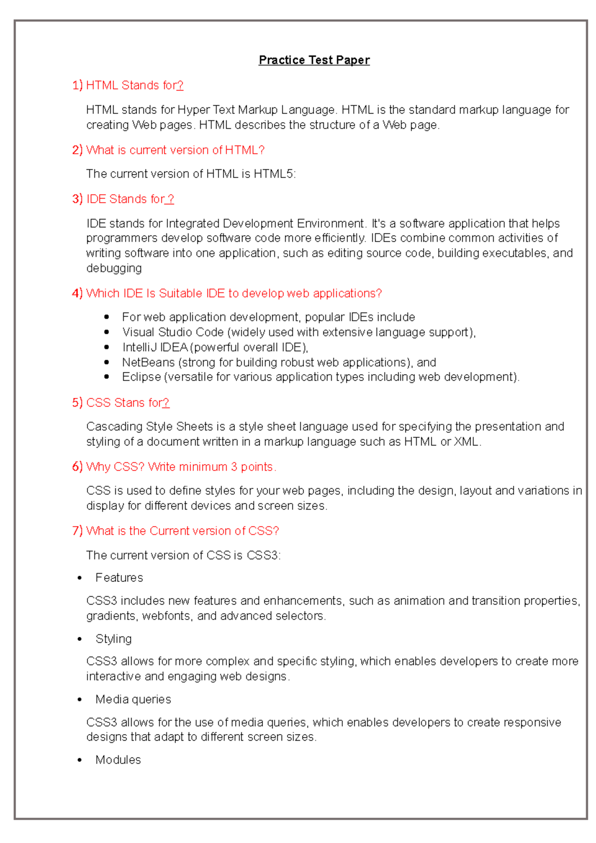 Assignment for student learning - Practice Test Paper 1) HTML Stands ...