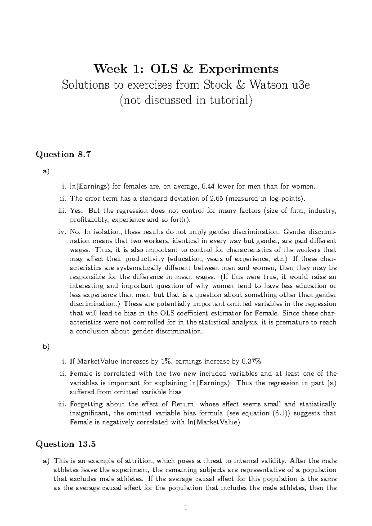ECON101: Week 1 OLS Exercises Solutions and Analysis - Studeersnel