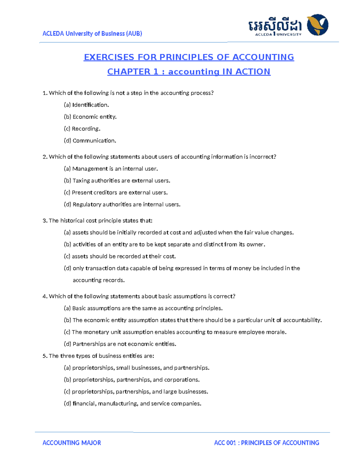 Exercises for Principles of Accounting ACC 001 - Chapter 1 & 3 - Studocu