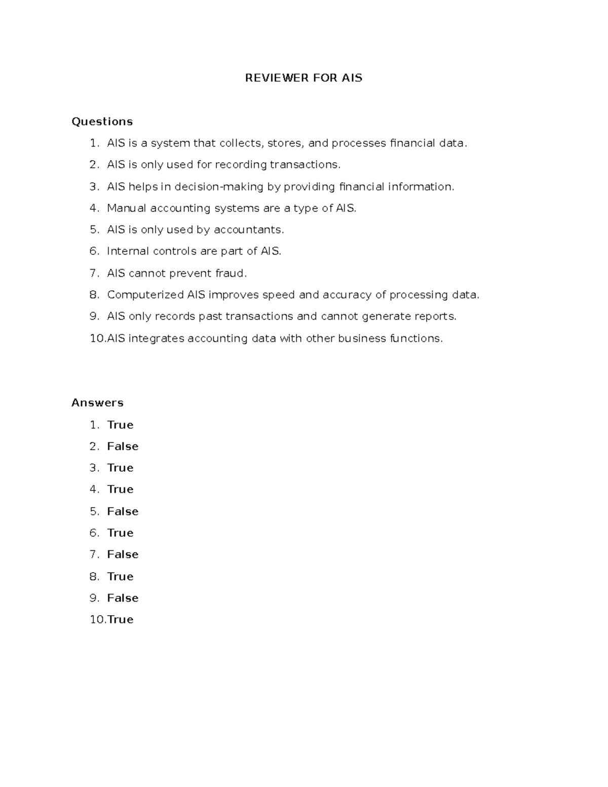 REVIEWER FOR AIS: Key Concepts and True/False Questions - Studocu
