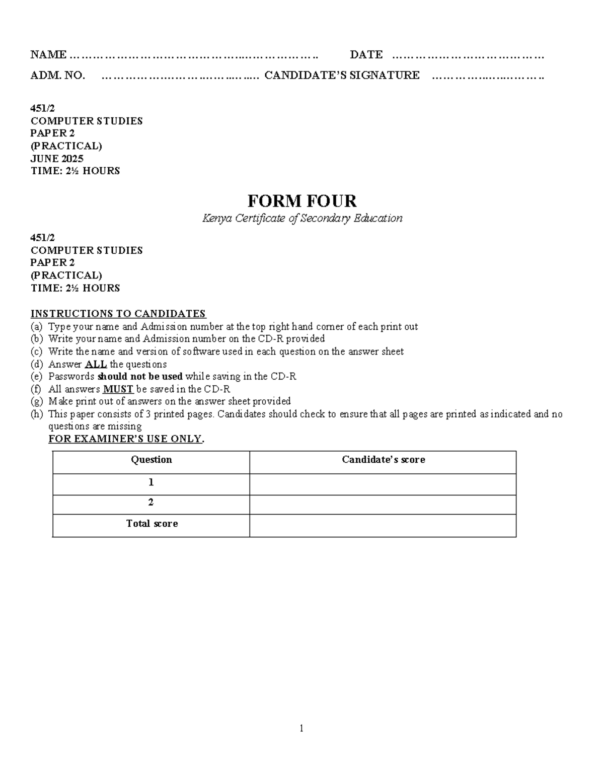 451 PP2 Computer Studies Paper 2 (Practical) June 2025 - Studocu