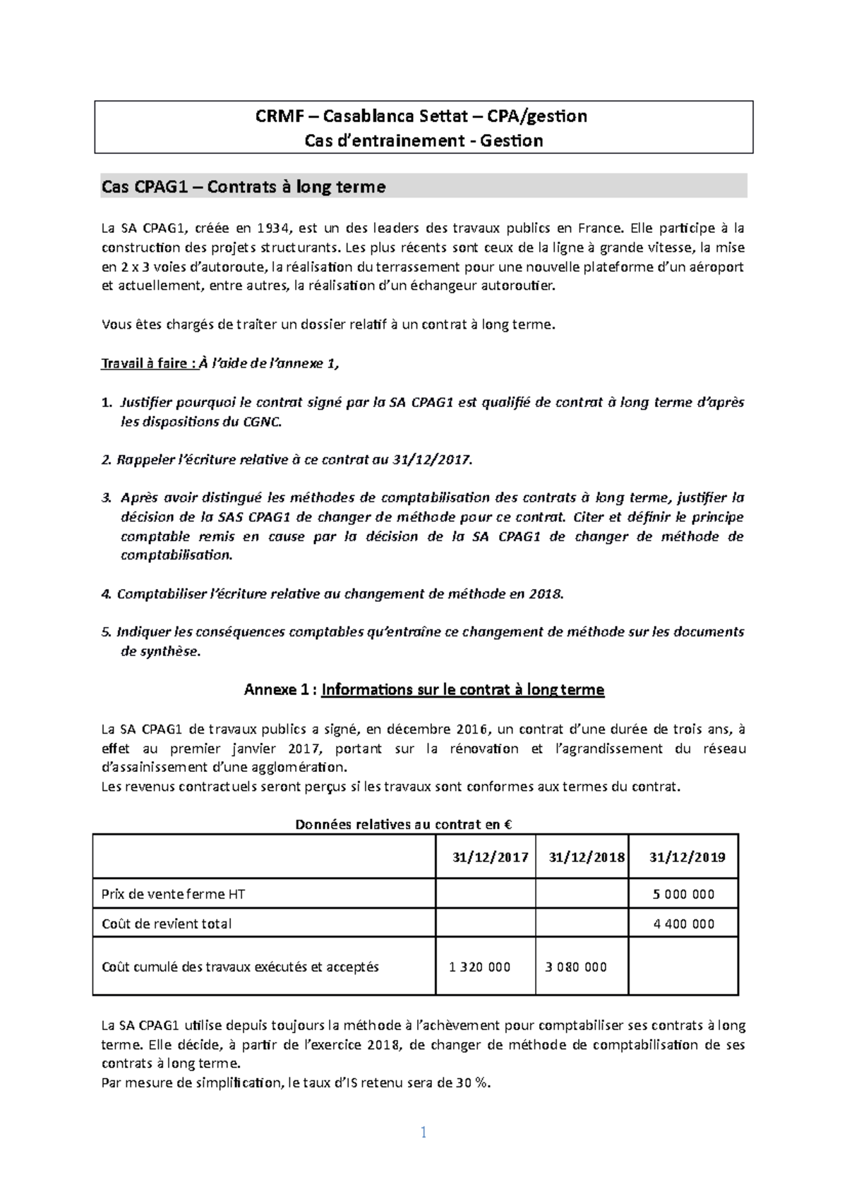 Cas d'Entraînement – Méthodes Comptables et Gestion des Contrats en CPA ...