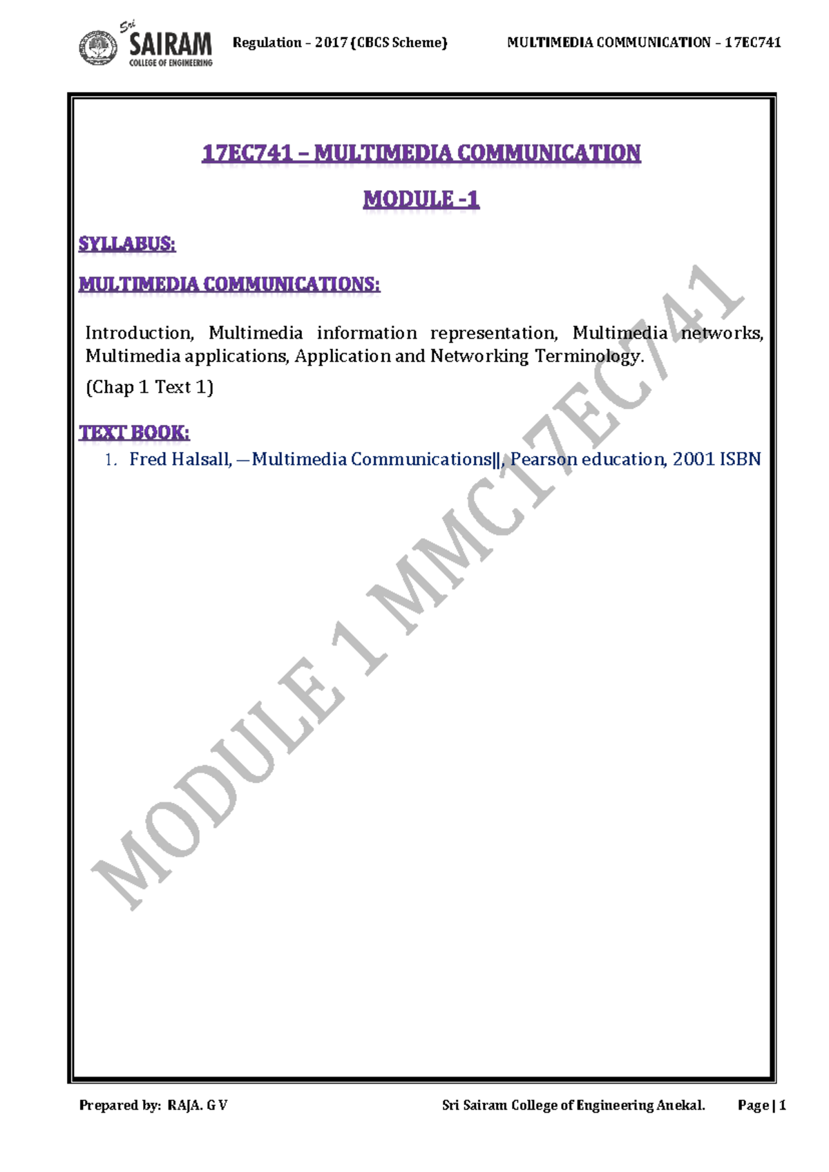 17EC741 - Multimedia Communication- Module 1 - Introduction, Multimedia ...