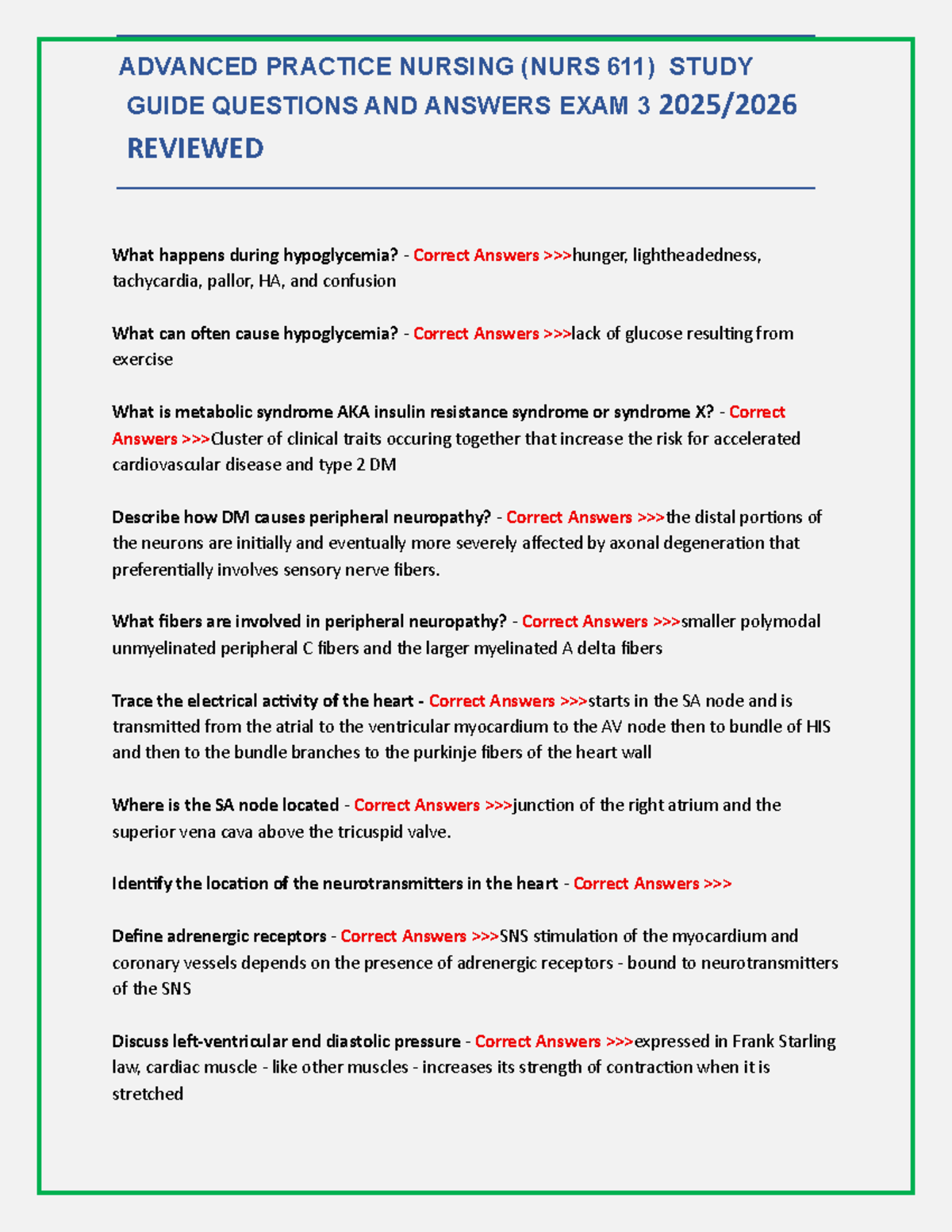 ADVANCED PRACTICE NURSING (NURS 611) STUDY GUIDE EXAM 3 REVIEW 2025/ ...