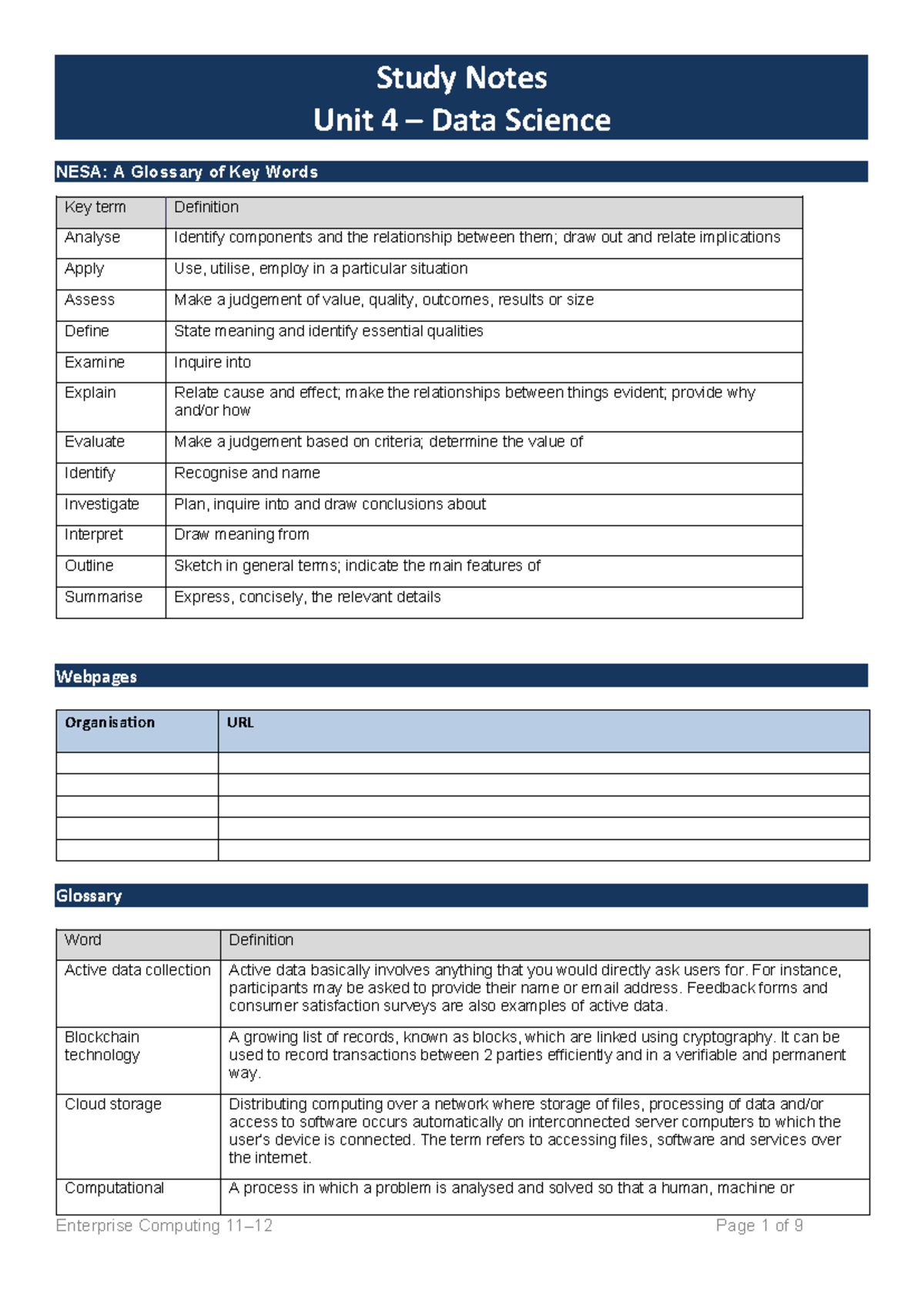 Data Science NESA: Unit 4 Study Notes & Key Terms Glossary - Studocu