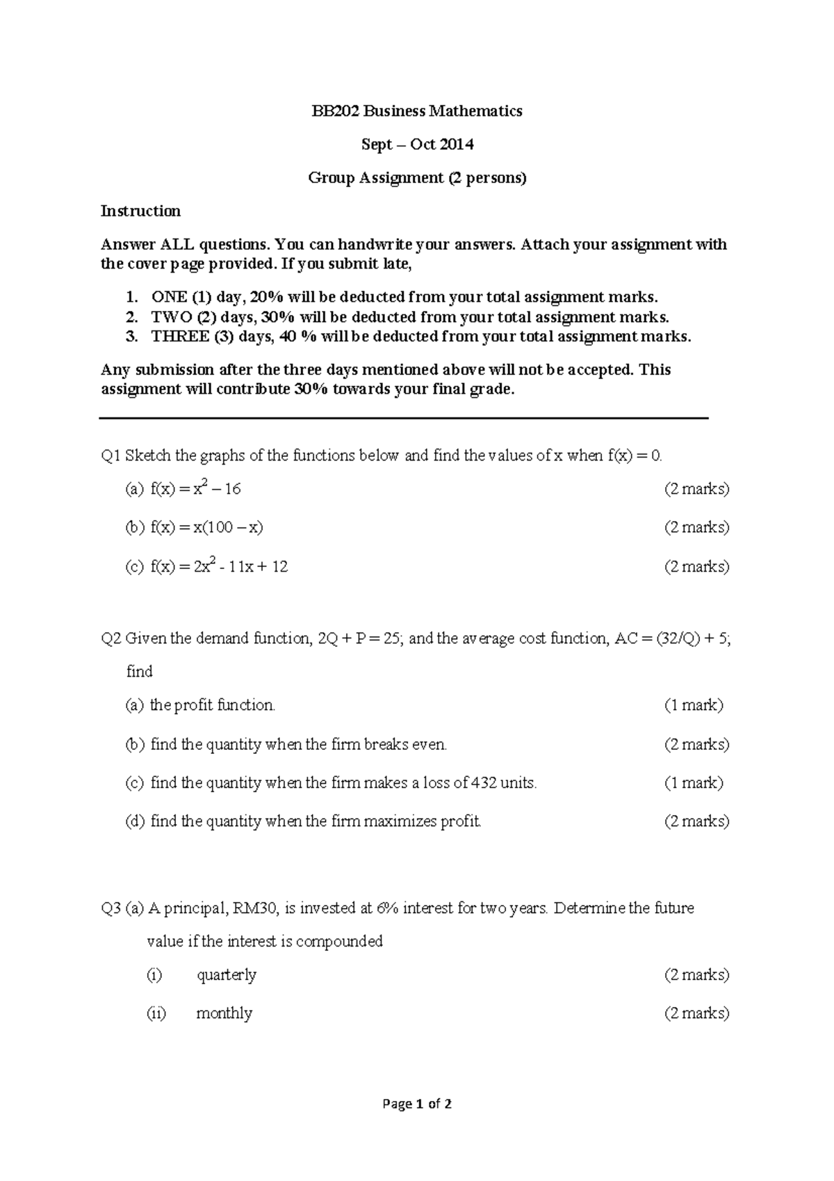 BB202 Business Mathematics Group Assignment - September 2014 - Studocu