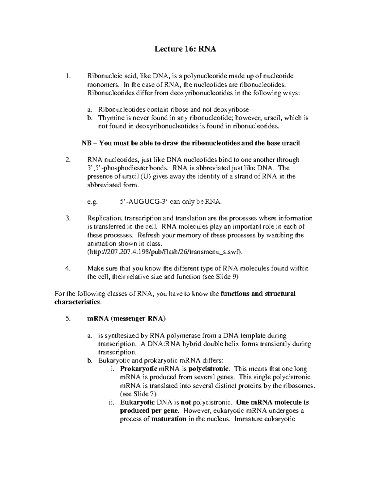 Lecture 16: RNA Overview for Exam Preparation - Studocu