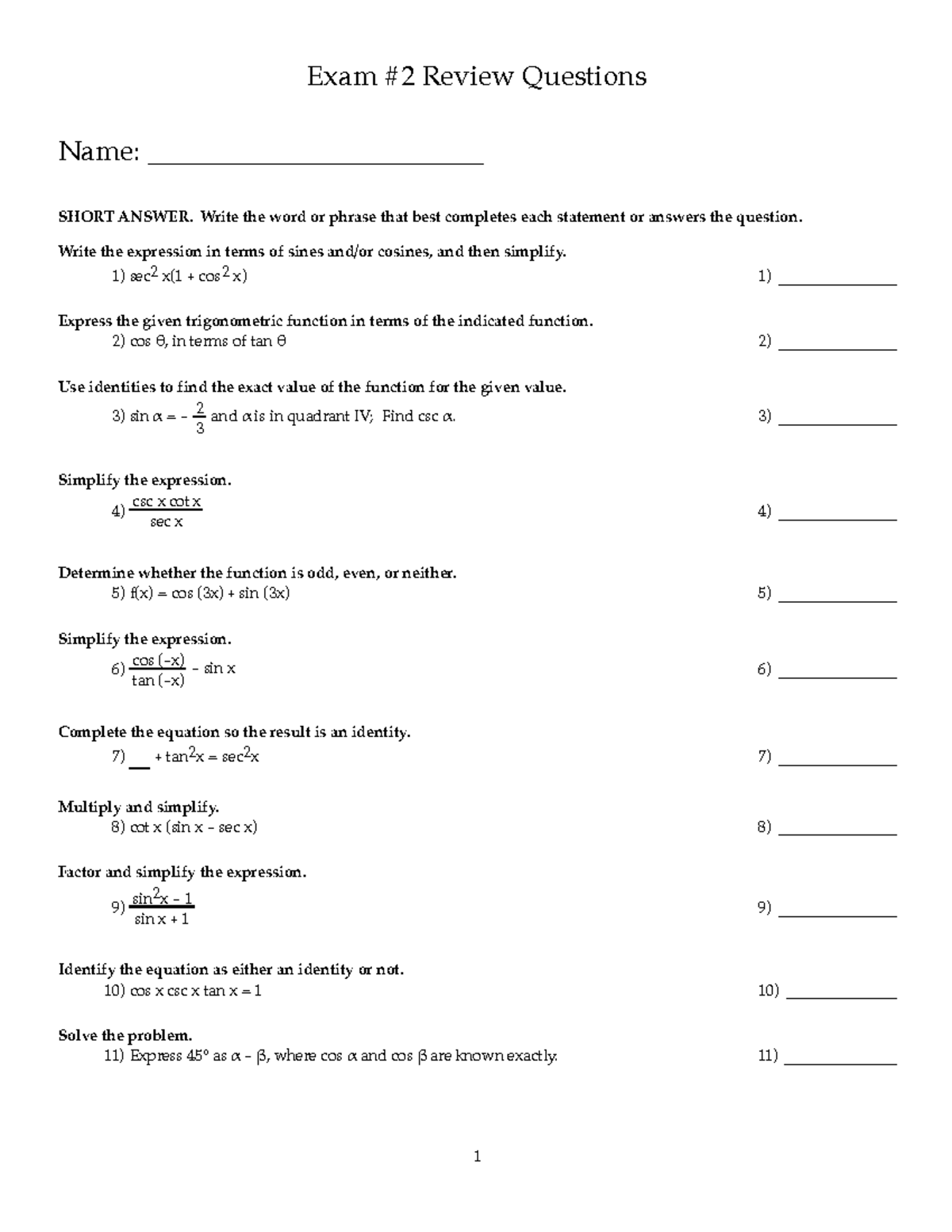 Exam #2 Review Questions - Trigonometry - Studocu