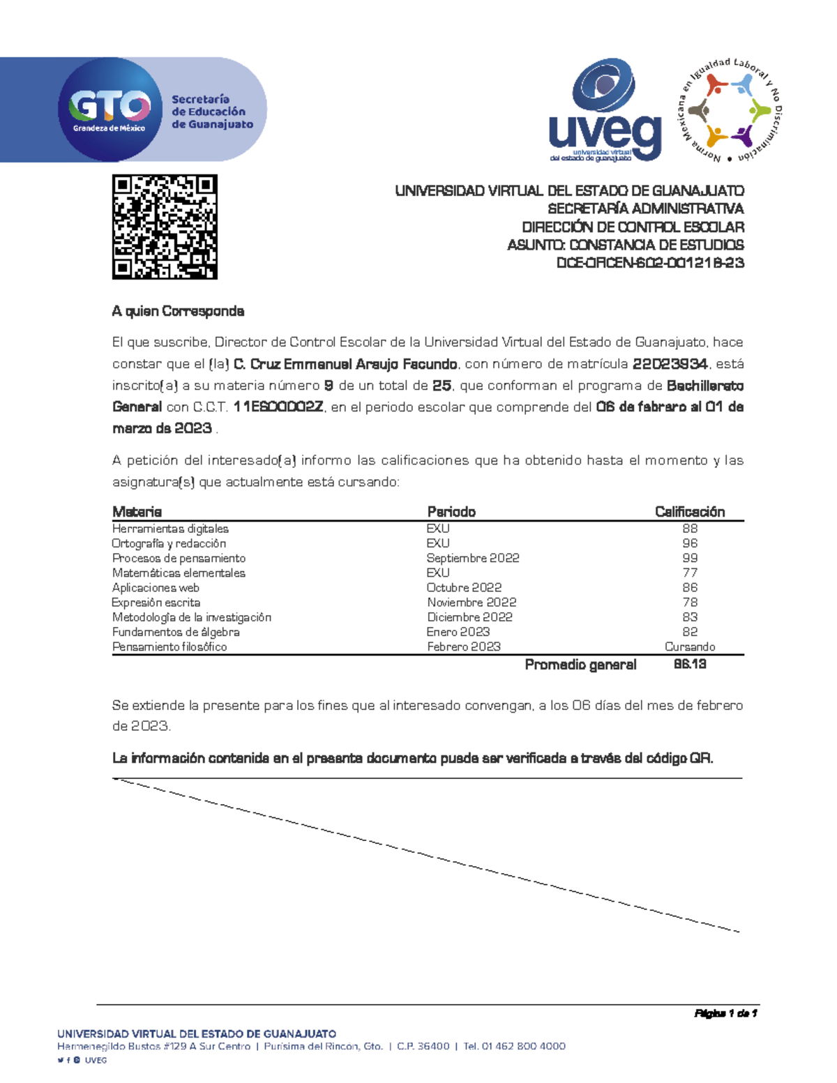 Constancia de Estudios - DCE-OFICEN-602-001218-23 - Bachillerato General - Document Preview
