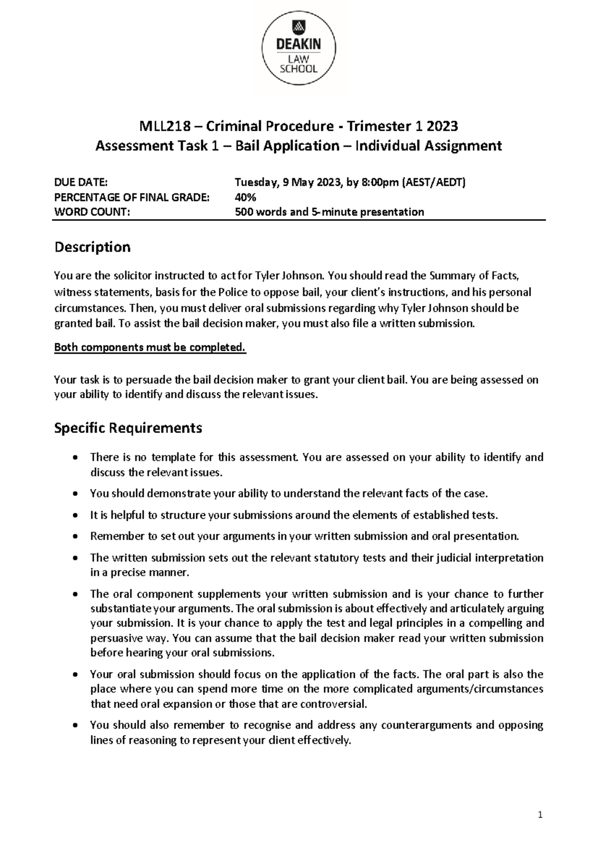 MLL218 Criminal Procedure T1 2023: Bail Application Assessment Guide ...