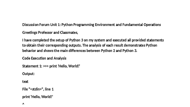 Discussion Forum Unit 1: Python 3 vs Python 2 Differences - Romel - Studocu