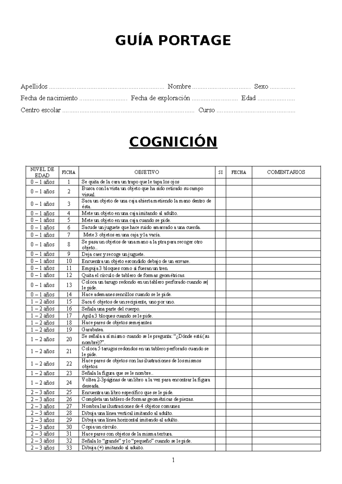 GUÍA PORTAGE - Evaluación de Cognición y Socialización Infantil - Studocu