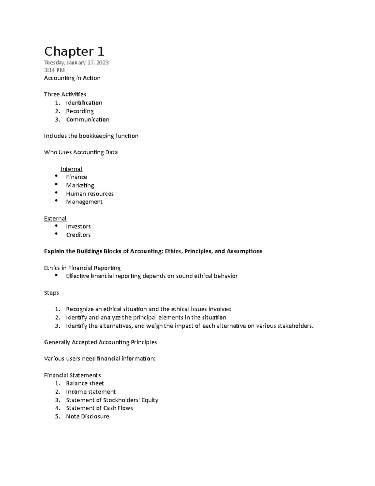 Chapter 1: Introduction to Accounting Principles and Ethics - Studocu