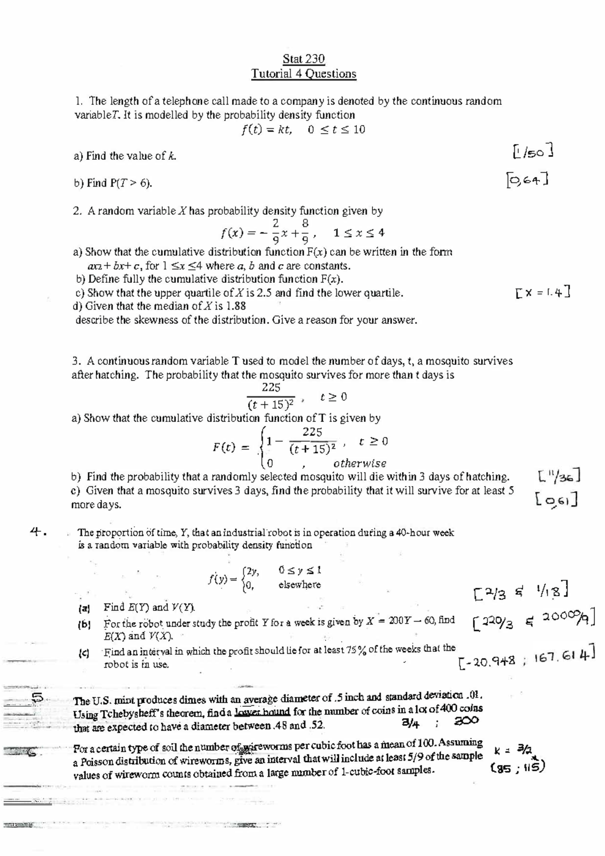 STAT230 Tutorial 4: Probability Density Functions and CDFs - Studocu