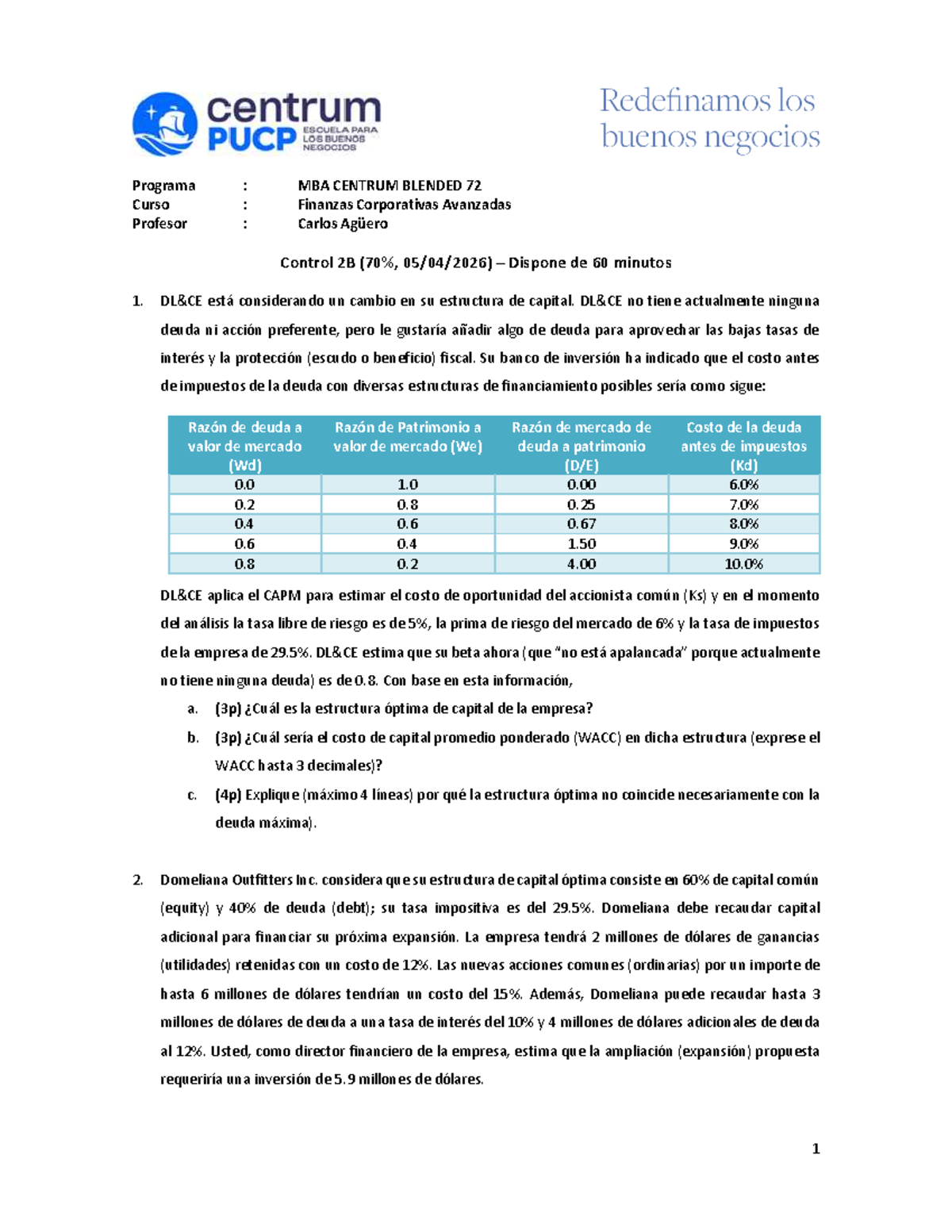 Examen Control 2B - Finanzas Corporativas Avanzadas MBA 72 - Document Preview