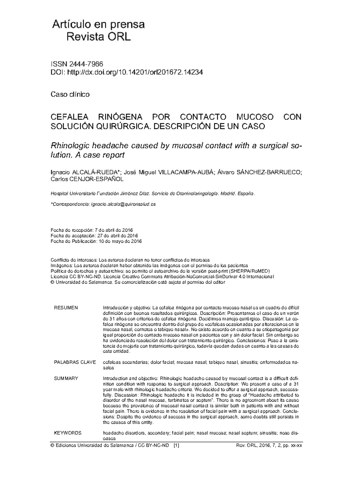 Cefalea Rinógena y Solución Quirúrgica: Un Caso Clínico (Rev. ORL, 2016 ...