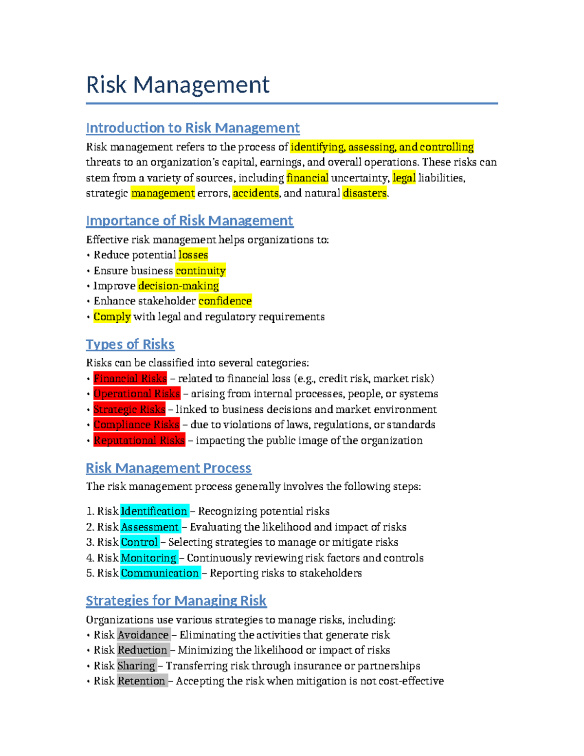 RISK 101: Introduction to Risk Management Concepts and Strategies - Studocu