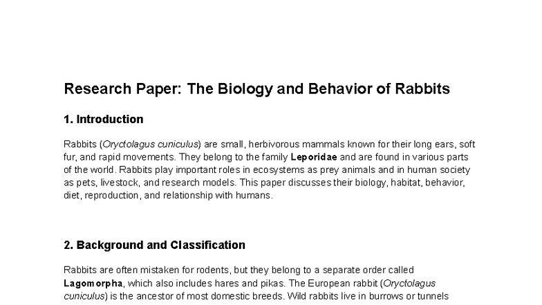 Research Paper: Biology & Behavior of Rabbits (BIO 101) - Studocu