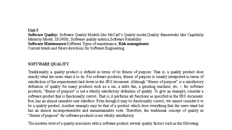 Software engineering - Unit 5 Software Quality: Software Quality Models ...