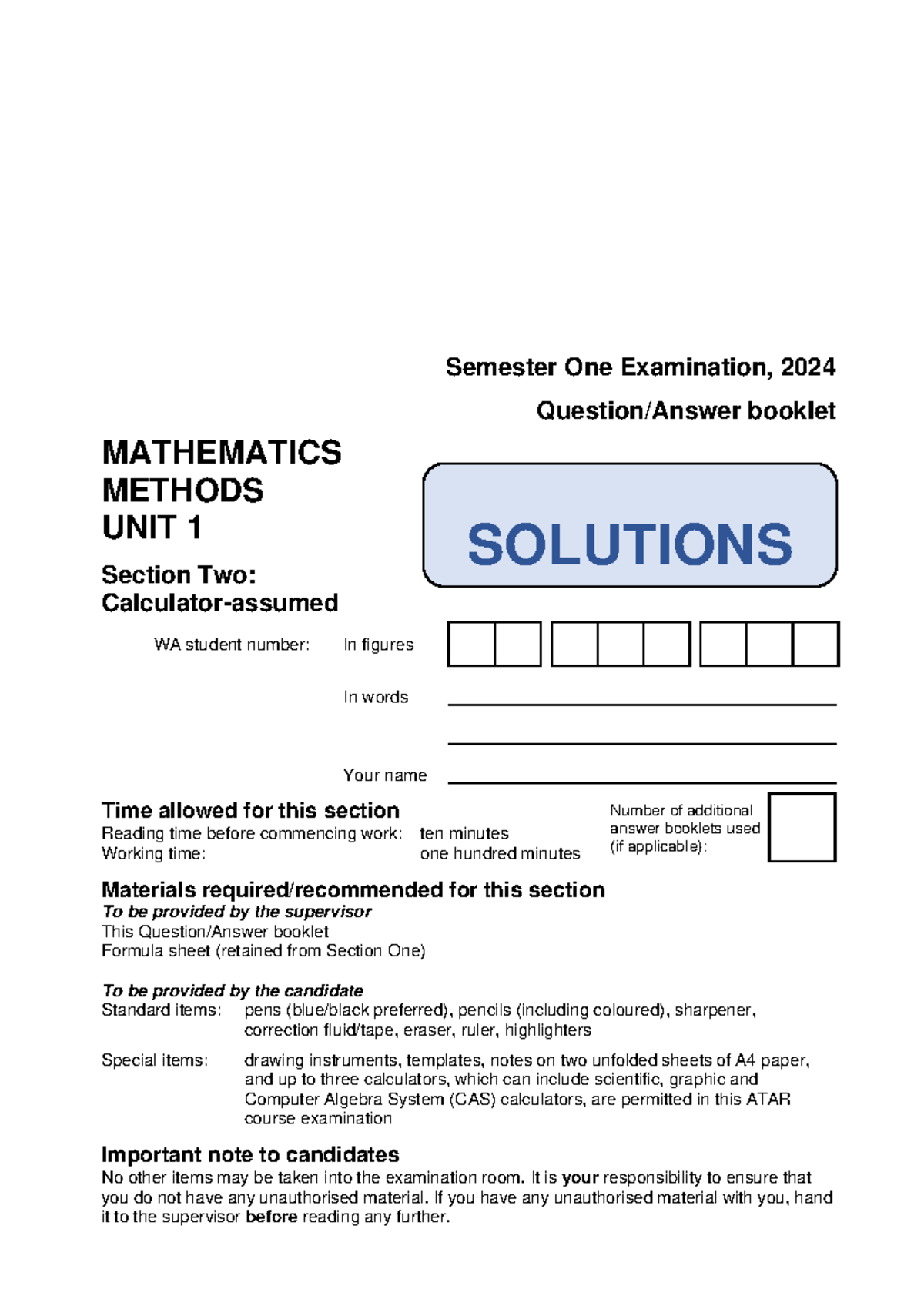 WAEP 2024 YR11 MATH METHODS U1 SEMESTER ONE EXAM SOLUTIONS - Studocu