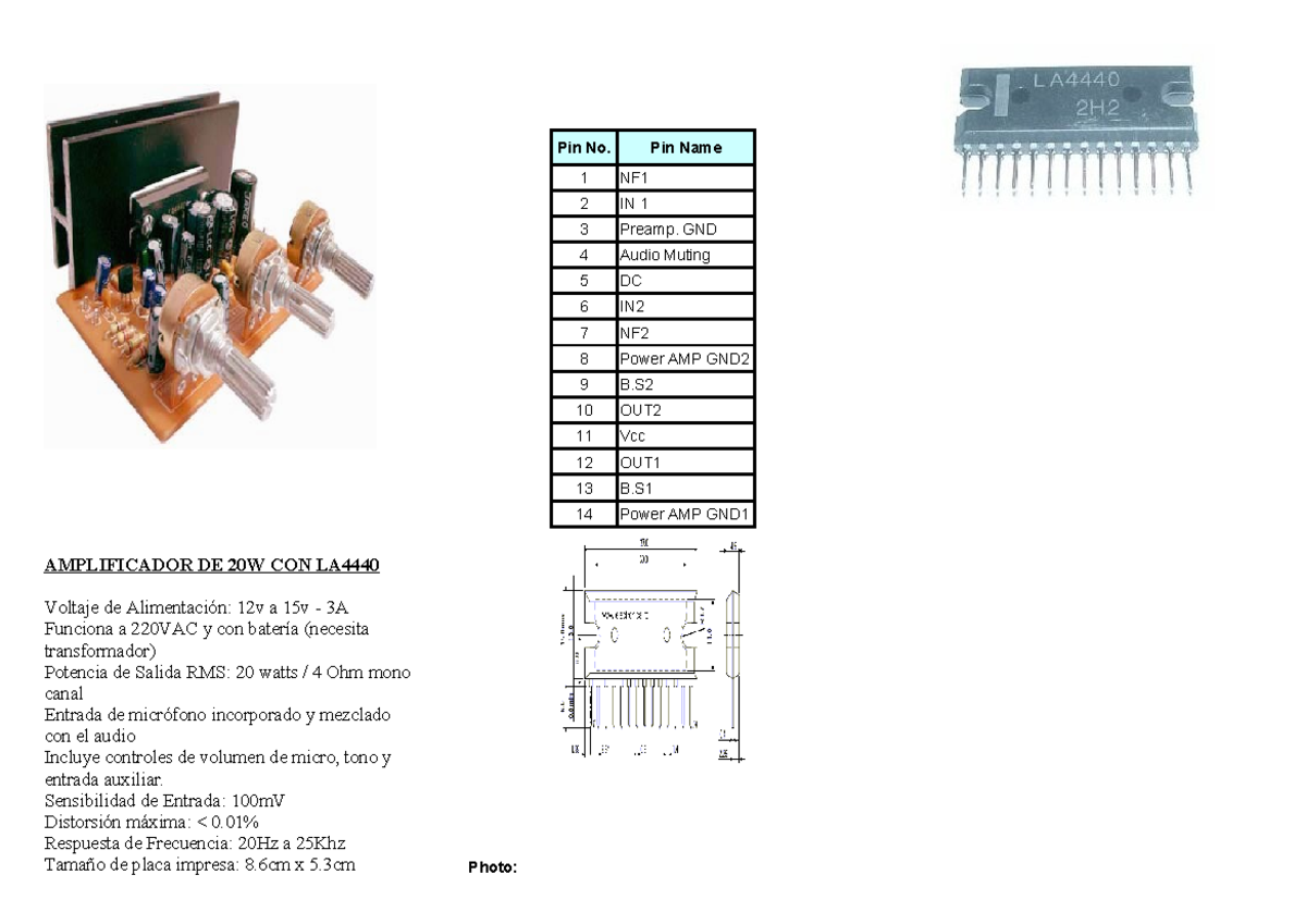 Amplificador de 20W con LA4440: Guía de Especificaciones y Taller - Document Preview