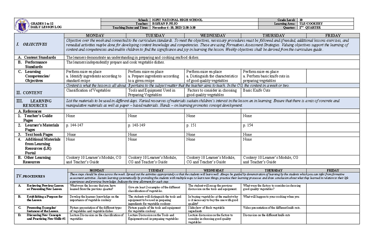 Cookery 10 Daily Lesson Log: 2nd Quarter Week 1 Activities - Studocu