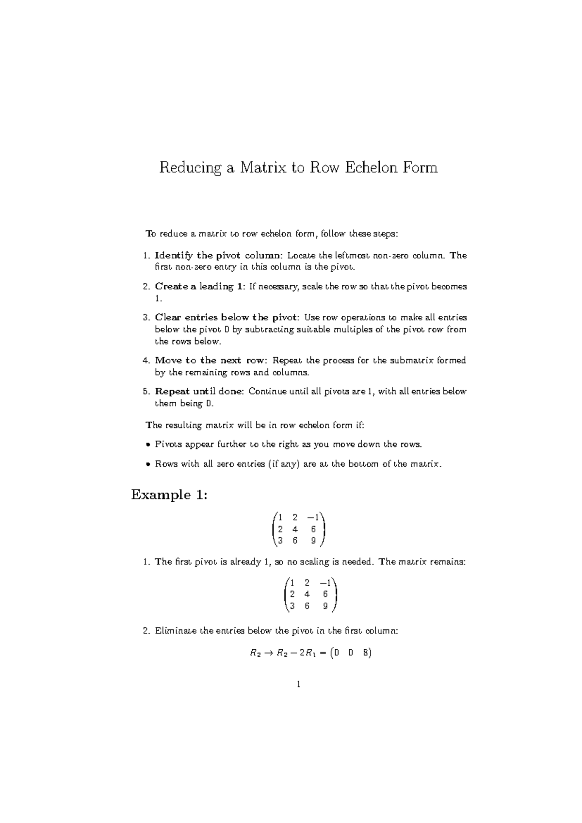 Row Echelon Form: Steps and Examples for Matrix Reduction - Studocu