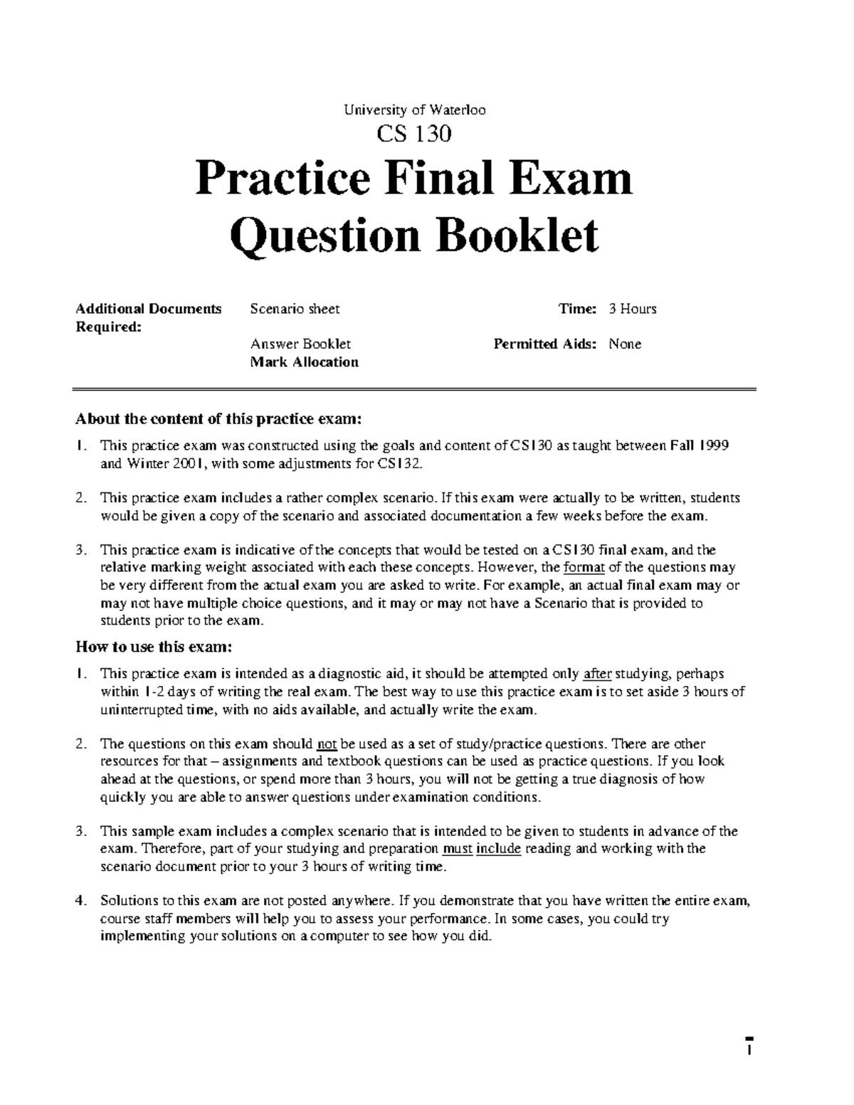 CS 130 Practice Final Exam Question Booklet (Fall/Winter 2001) - Studocu