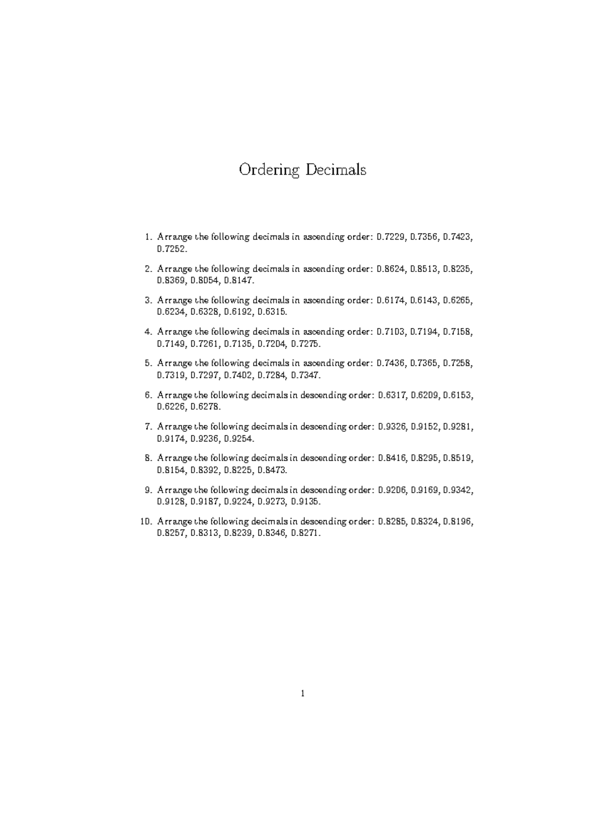 Ordering Decimals Worksheet for Enhanced Understanding - Studocu